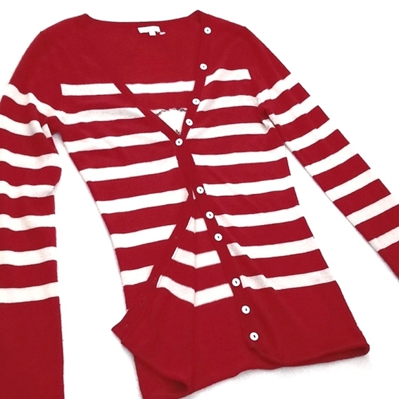 *Relisted* Cashmere & Silk Red White Stripe Long Sleeve Cardigan Skull on Back S - Picture 8 of 14